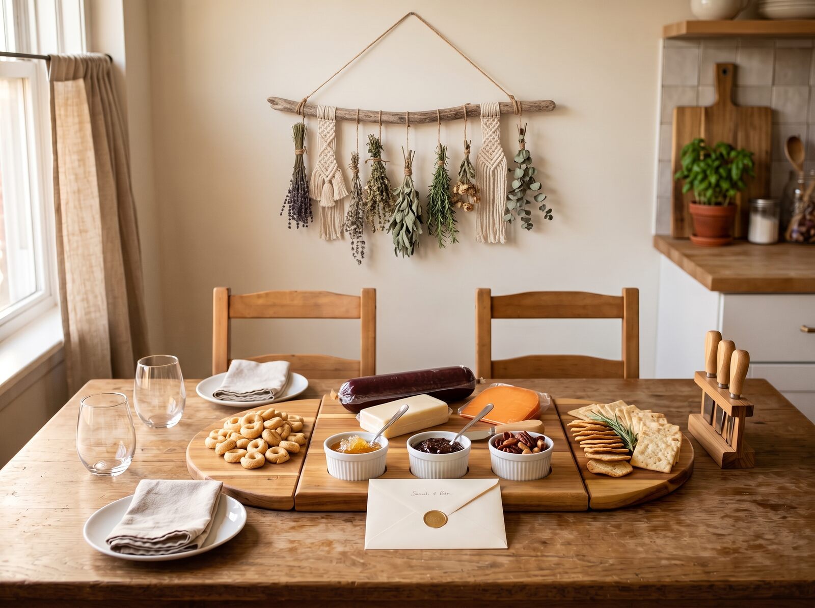 A long acacia board on a dining table with a summer sausage, two cheeses, honey, fig jam, nuts and crackers, plates, glasses and a sealed envelope beside it.