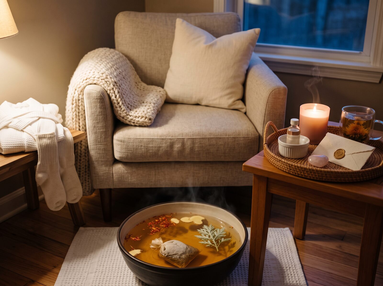 A steaming footbath of golden herbal water before an armchair, a candle, blooming tea, rose oil and a sealed note on a rattan tray, a robe and socks nearby.
