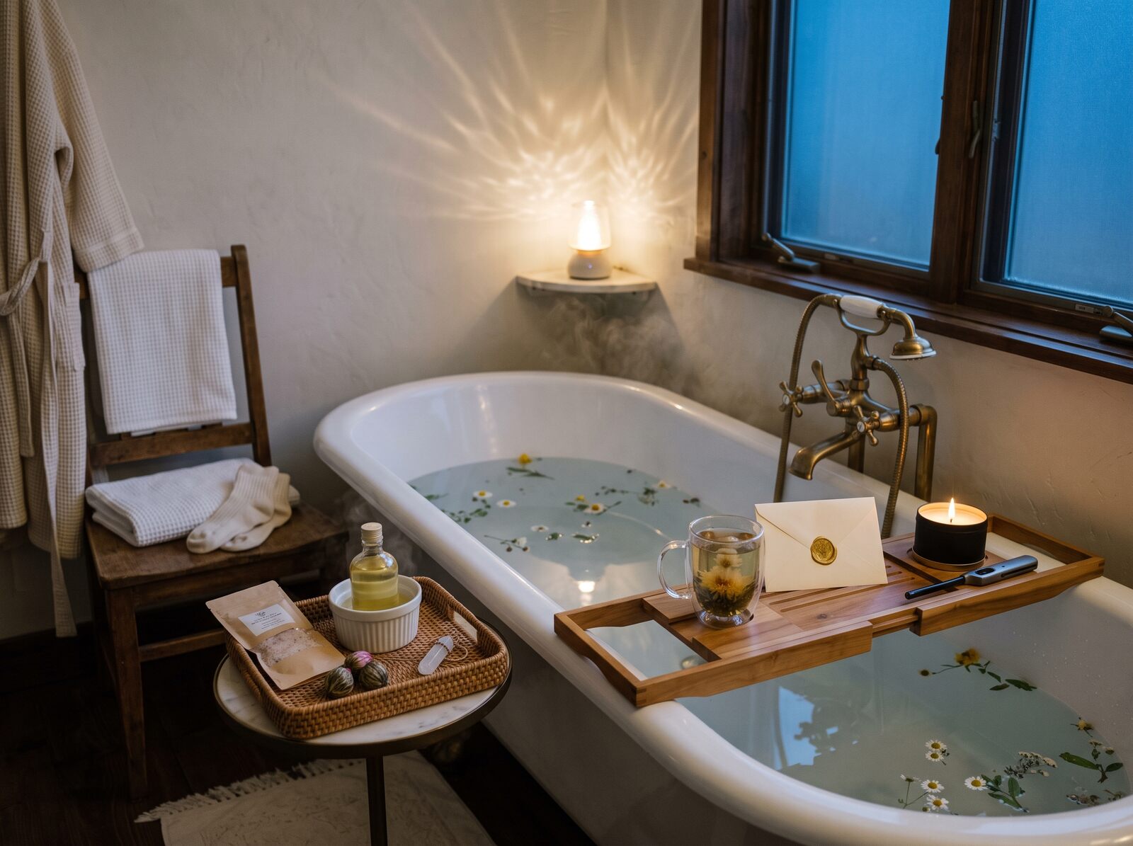 A claw-foot tub scattered with flowers under low light, a bath tray with blooming tea, a candle and a sealed note, a robe and towels on a chair.