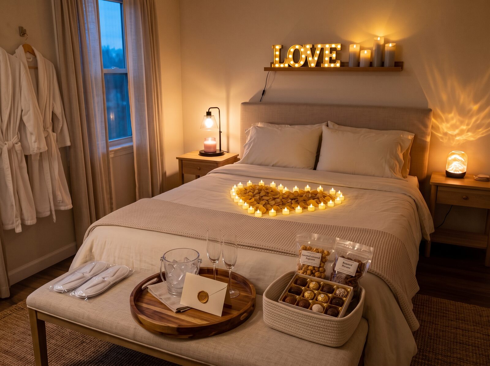 A bed with a heart of small lights filled with petals, a lit LOVE sign above, robes hanging, flutes, an ice bucket and chocolates at the foot of the bed.