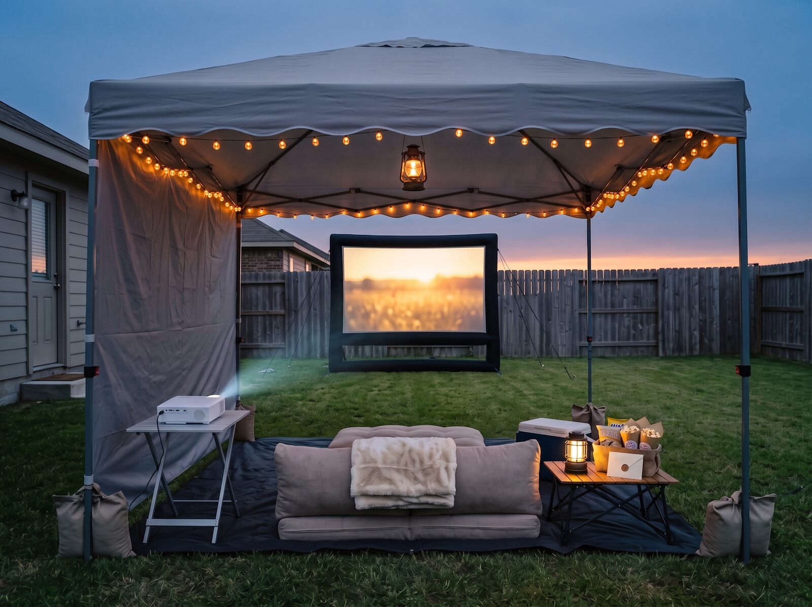 A backyard canopy strung with warm lights at dusk, a cushioned nest with a fur throw, a projector, lanterns and snacks before a large outdoor screen.