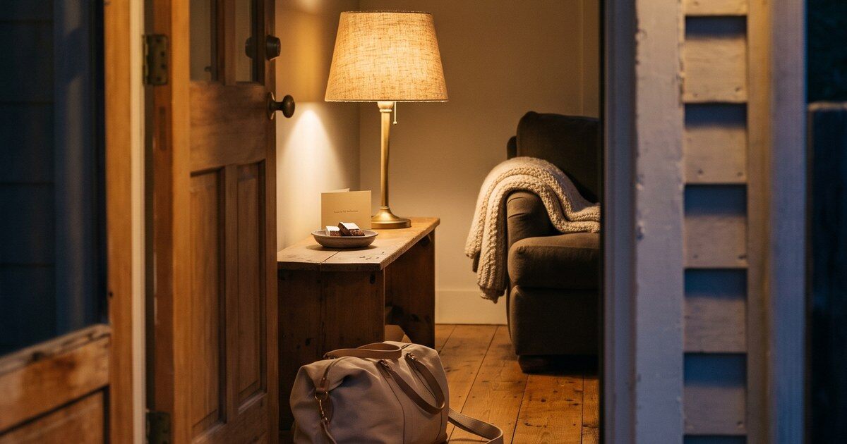 An open front door at dusk onto a lamp-lit room, a weekend bag set down inside and a small dish with a note on the console.