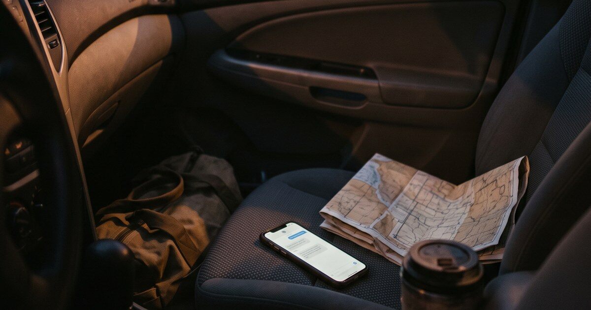 A phone glowing on the passenger seat of a parked car at dusk, beside a travel mug and a folded map, gas-station lights blurred through a rainy windshield.