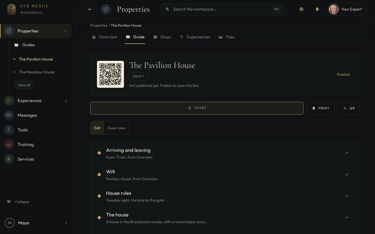 A property's house guide in the workspace, with its QR, ready to share or print.