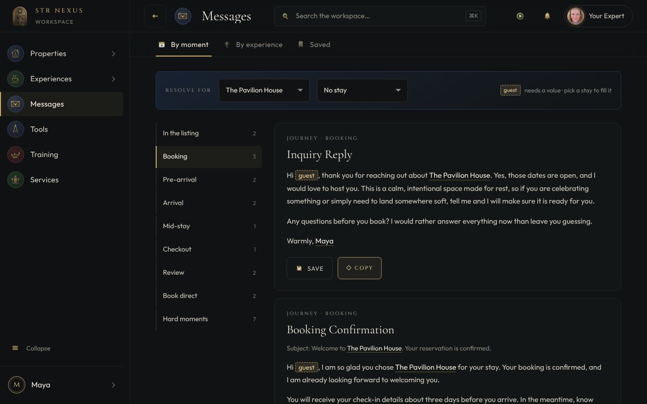 The Message Vault in the workspace: a stay's messages, filled in for the property.