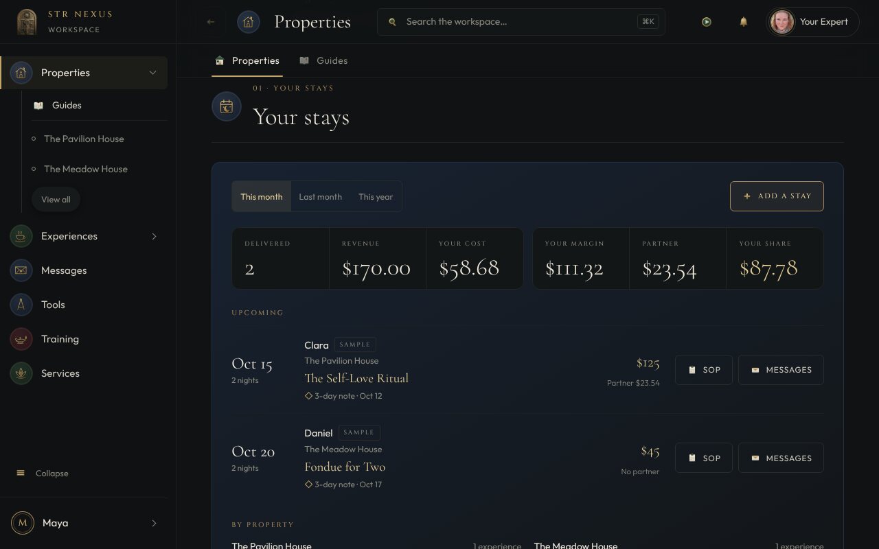 A property's stays in the workspace: what each one earned and cost.