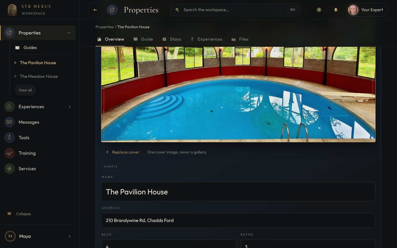 A property's page in the STR Nexus workspace: the place, its sections and what a guest sees.